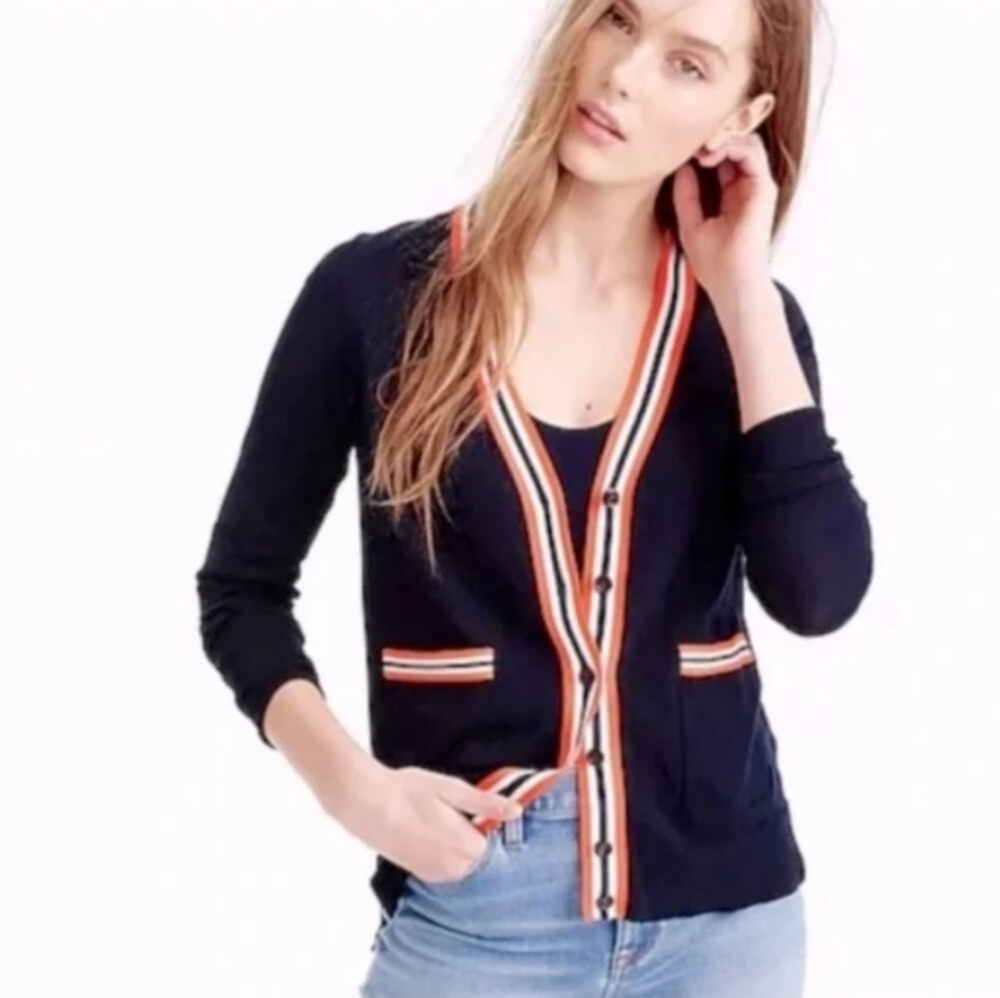 J. Crew Navy Blue V-neck Cardigan in Neon Orange Stripe S